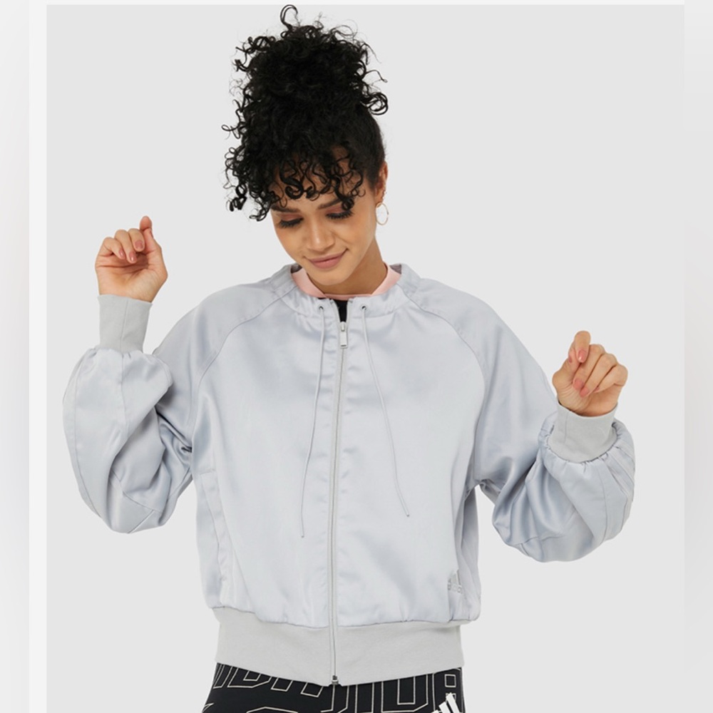Adidas Glam On Bomber Jacket Gray with Ribbed Accents ptp 22”